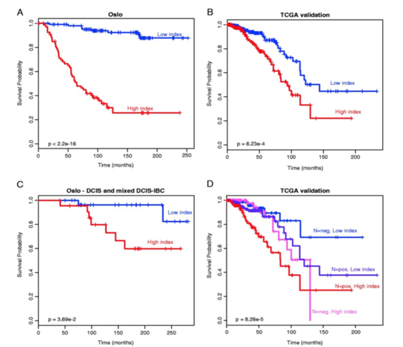 Figure 3. Application of the DNA methylation-based prognostic signature for patients. (A) In the original data (n = 176); (B) in the TCGA validation (n = 583); (C) with either DCIS or mixed DCIS-IBC (n = 52). (D) Classification with the DNA methylation-based prognostic signature was complementary to classification by lymph node status.